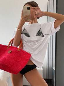 Livesso Women's Casual Round Neck Short Sleeve T-Shirt Graphic Tee Oversized T-Shirt - Apricot - View 6