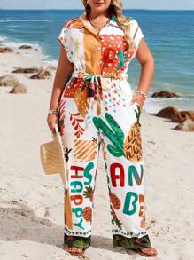 SHEIN VCAY Große Größen Sommer Urlaub Strand Musik Festival Bunter abstrakter Muster Langarm Hemd & Hose Jumpsuit, mit Taschen, Outfits für South Beach, Saint-Tropez, Amalfi Küste, Sommer Outfits für Frauen, Europäischer Sommer Western Wear, Süße Sommer Outfits, Strand Outfits, Boho Frauenkleidung, Urlaubs Outfits, Frauen Resort Wear, Hippie Kleidung für Frauen, Ostern Outfit Frauen, Rave Outfits, Country Konzert Outfit, Nashville Outfits, Ibiza Outfits, Old Money