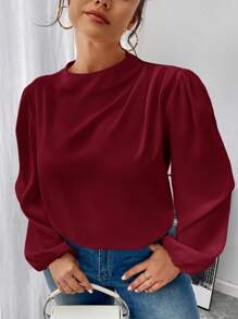 SHEIN Privé 大码女士优雅办公室装荷叶边领长袖泡泡袖衬衫，百搭