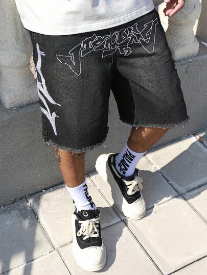 Street Life Shorts vaqueros cortos con bolsillo frontal, bordes deshilachados y bordados sencillos para hombre