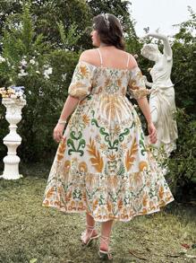 Flirla Plus Size Elegant Off Shoulder Waist Cinched Long Dress, For Spring/Summer, Vacation Wear