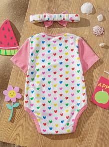 CoComelon X SHEIN Baby Girl Cute Character Colorful Heart Print Pink & White Bodysuit & Adorable Pink Bow Headband Set - White - View 2