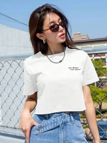 Dazy-Less 标语图案短款 T 恤 随心所欲 夏季 - 白色 - 查看 5