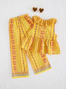 Cozy Pixies 2pcs Girl Floral Print Crew Neck Top With Ruffle And Elasticated Waist Pants Set