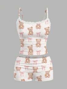 SHEIN Essnce 2 件套女士蝴蝶结熊全身印花蕾丝吊带背心和荷叶边短裤套装，适合夏季