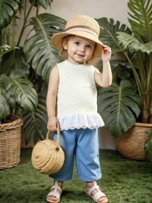 Baby Girl Cute Bow Decor Sleeveless Tank Top And Casual Pants Set, Summer