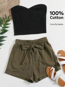 SHEIN VCAY Solid Tube Top & Belted Shorts Set