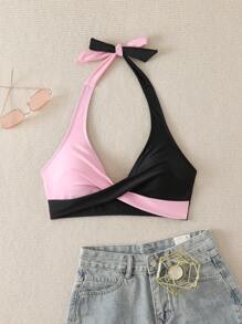 SHEIN Swim 女士拼色褶饰交叉吊带比基尼上衣 - 彩色 - View 3