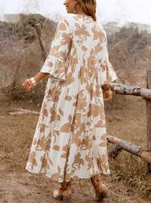 SHEIN Clasi 大码女式西式音乐节复古休闲节日纽扣复古花卉印花 A 字形蛋糕连衣裙，春夏 - 卡其色 - 查看 2