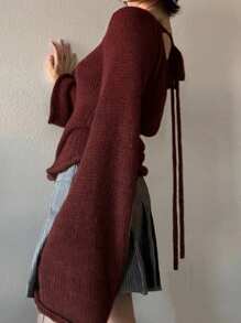 INAWLY 女式喇叭袖露背毛衣，领口系带 - 酒紅色 - 查看 2