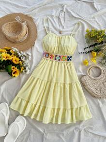 Soleia Spring Summer Vacation Ladies Solid Color Leisure Apricot 70s Outfit Vintage Summer Crochet Patchwork Ruffled Edge Waist Cinched A-Line Dress