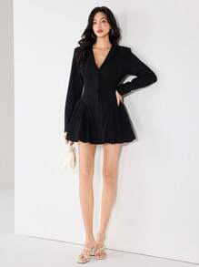 Heiryn Damen Blazer Einfarbig mit Latzrevers, einreihig, mit Falten am Saum, eleganter dünner Schnitt