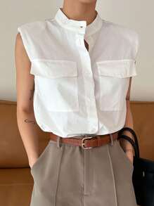 DAZY Camisa sin mangas con bolsillo con solapa y botones delanteros, top sin mangas - Blanco - Ver 8