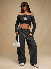 Forever 21 大码宽松条纹直筒复古休闲牛仔裤 - 黑色 - 查看 4