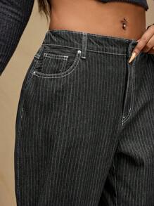 Forever 21 大码宽松条纹直筒复古休闲牛仔裤 - 黑色 - 查看 6