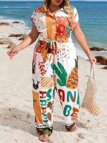 SHEIN VCAY Große Größen Sommer Urlaub Strand Musik Festival Bunter abstrakter Muster Langarm Hemd & Hose Jumpsuit, mit Taschen, Outfits für South Beach, Saint-Tropez, Amalfi Küste, Sommer Outfits für Frauen, Europäischer Sommer Western Wear, Süße Sommer Outfits, Strand Outfits, Boho Frauenkleidung, Urlaubs Outfits, Frauen Resort Wear, Hippie Kleidung für Frauen, Ostern Outfit Frauen, Rave Outfits, Country Konzert Outfit, Nashville Outfits, Ibiza Outfits, Old Money
