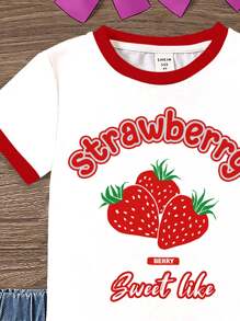 SHEIN Leap Crew Cute Strawberry Print Young Girl Casual Round Neck Short Sleeve T-Shirt, Suitable For Summer Vacation - Multicolor - View 4