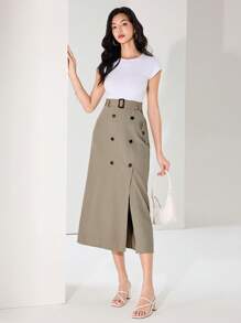 Modelyn Women's Double-Breasted Long Casual/Commute Skirt - Grey - View 2