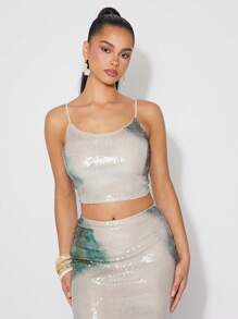 SHEIN Unity Spring Sequin DetailCamisole Top Summer Festivals For Bridal, Wedding,Graduation, Dinner,Prom - Green - View 6