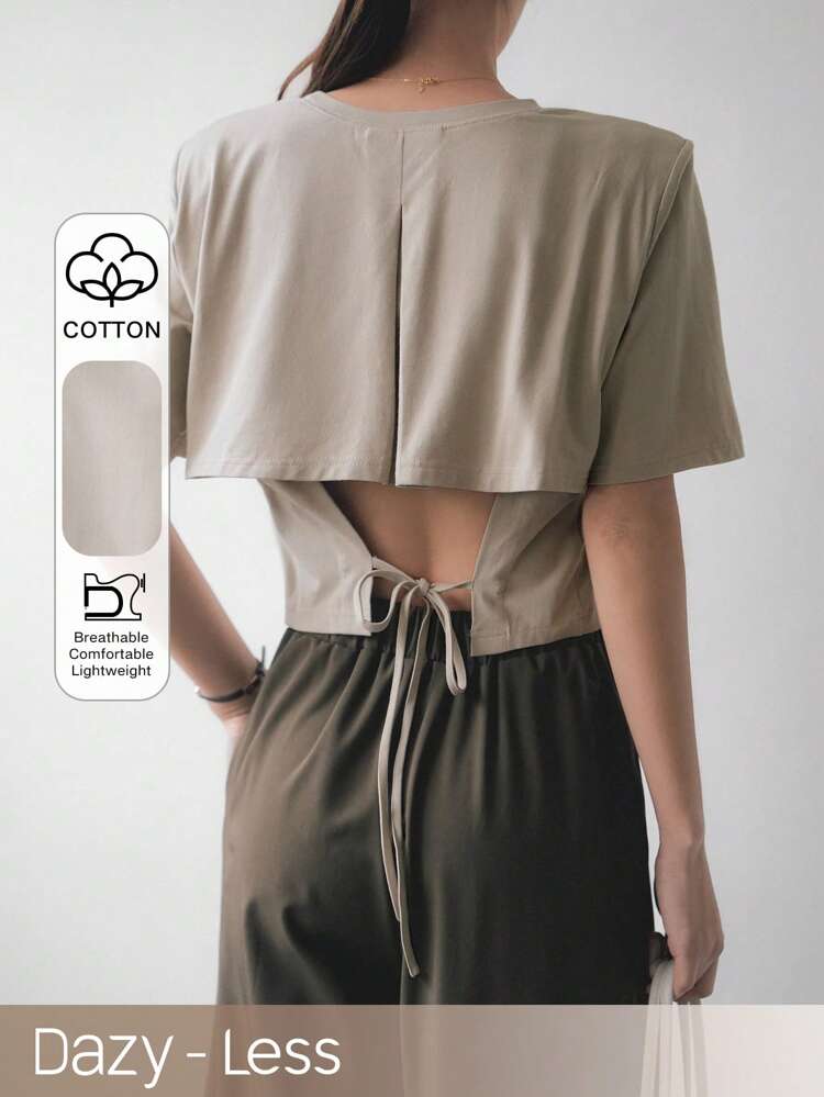 Women's Drawstring Lace-Up Hollow Out Short Sleeve T-Shirt Old Money Style Summer