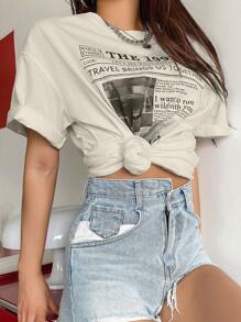 DAZY Figure & Letter Graphic Drop Shoulder Tee THE 1997 LET'S SEE WHAT HAPPENED TRAVEL BRINGS US TOGETHER Oversized T-Shirt - Khaki - View 4