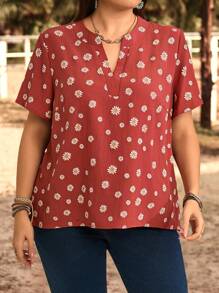 EMERY ROSE Blusa de cuello con muesca con estampado de margaritas de estilo campestre informal para vacaciones, tallas grandes, para uso en primavera y verano, para mujeres - Multicolor - Ver 6