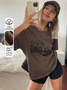 Livesso 女士宽松短袖圆领T恤，带印花图案字母夏季超大T恤街头潮流 - 咖啡棕 - 查看 1