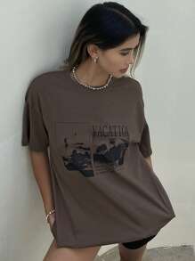 Livesso 女士宽松短袖圆领T恤，带印花图案字母夏季超大T恤街头潮流 - 咖啡棕 - 查看 8