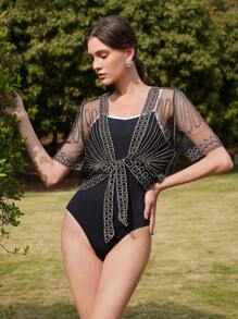 Anewsta 优雅镂空网眼钩针系带蝴蝶结罩衫，适合女性时尚派对、海滩度假、夏季 - 黑色 - 查看 3