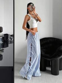 SHEIN ICON Spring And Summer Blue And White Casual Low Waist Side Tie Bow Striped Wide Leg Pants - Blue - View 5