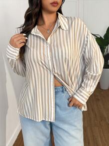 SHEIN EZwear 大码条纹印花露背休闲长袖衬衫 - 杏色 - 查看 6