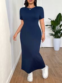 CovetEZ Navy Blue Plus Size Long Bodycon Dress, Spring/Summer - Navy Blue - View 4