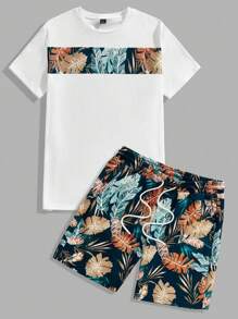 EASEVO Ensemble t-shirt col ras-du-cou à manches courtes imprimé et short pour homme grande taille