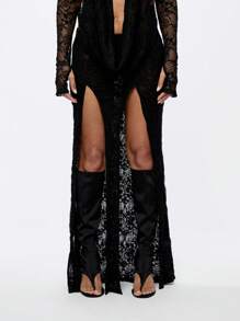 SUMWON WOMEN Elegant Lace Double Front Slit Evening Maxi Skirt Party Wedding Formal Occasion Long Split Skirt Holiday Resort Festive Season Designer Style - Black - View 1