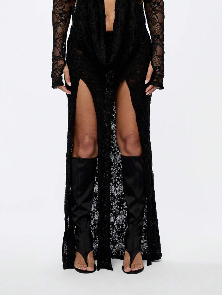 SUMWON WOMEN Elegant Lace Double Front Slit Maxi Skirt