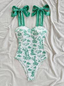 Soleia Women's Vacation Beachside Plant Print Casual Bodysuit - Green - View 4