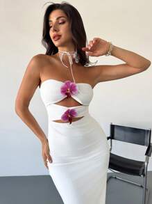 Firerie Vestido midi strapless ceñido al Body de color blanco con diseño calado de flores de orquídea, elegante, minimalista, intrincado, romántico y encantador para bodas, fiestas, festivales de música, vacaciones en la playa, primavera/verano
