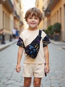 2pcs Young Boy Graffit& Digital Print Patchwork T-Shirt & Shorts Set