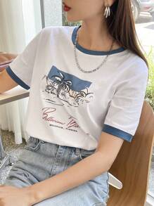 DAZY Letter & Palm Tree Print Contrast Binding Tee,Graphic Tees