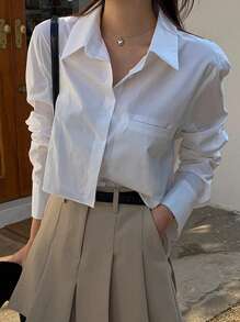 DAZY Solid Color Long Sleeve Casual Shirt,Long Sleeve Tops,Back To School Clothes Preppy Tops Fall - White - View 5