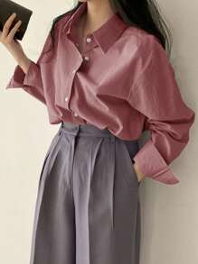 DAZY Ladies' Solid Color Front Button Casual Long Sleeve Shirt,Fall Clothes - Pink - View 3