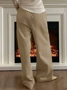 Livesso Quần ống đứng lưng cao co giãn màu trơn dành cho nữ, quần dài, có bảng màu tương phản, thu đông - Màu Khaki - Xem 2