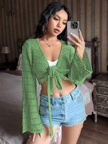 Flirla Women's Solid Color Front Tie Drop Shoulder Long Sleeve Cropped Hollow-Out Cardigan Fall Cloth For Women - Green - View 4