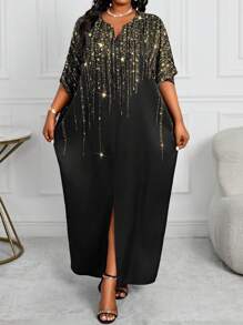SHEIN Lady Robe longue ample à encolure cache-cœur et manches chauve-souris avec imprimé scintillant pour femmes