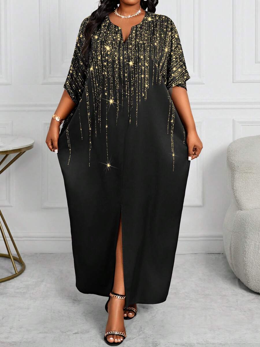 SHEIN Lady Robe longue ample à encolure cache-cœur et manches chauve-souris avec imprimé scintillant pour femmes