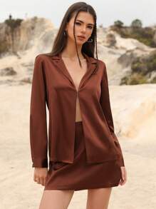 Femmeiva 2pcs Women Business Casual Satin Blouse With Metal Buttons & Short Straight Skirt Set Fall Cloth For Women - Brown - View 4