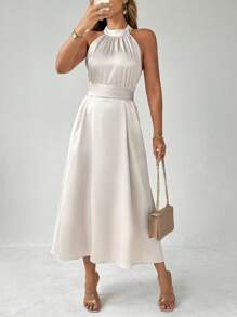 Celure Plus Size Women's Dress, Elegant Satin Fabric With Comfortable & Skin-Friendly Bestselling Material, Solid Color, Small Stand Collar Waist Tied Belt Slimming And Elongating, Bowknot Decoration At Back Waist, Sleeveless, Simple & Fashionable For Party, Suitable For New Year's Day Daily Commute, Shopping And Entertainment, Wedding And Banquet, Comfortable Fabric, High Cost-Performance