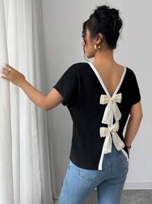 Elenzga Women's Round Neck Short Sleeve Casual T-Shirt With Bow Decor On Back