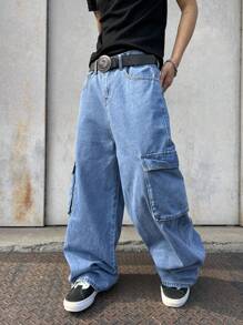 Manfinity EMRG Men's Letter & Tiger Pattern Cargo Pocket Denim Bib Overalls - Light Wash - View 2