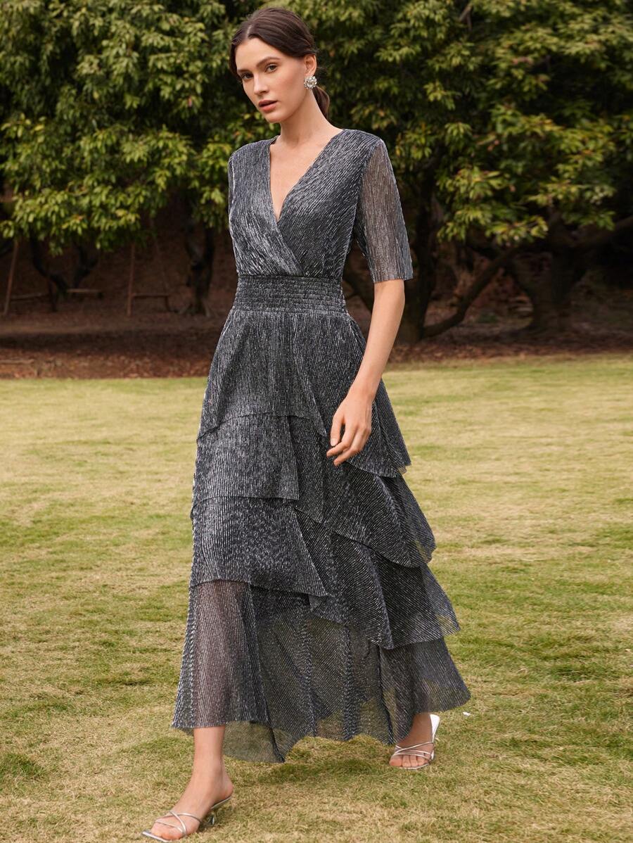 Anewsta Đầm Maxi Cổ Chữ V Tay Lửng Xếp Ly Eo Peplum Viền Xếp Ly Cổ Chữ V Thanh Lịch Thời Trang, Lễ Hội, Đi Chơi, Trang Phục Kỳ Nghỉ Cho Phụ Nữ, Trang Phục Mùa Xuân Giản Dị - Bạc - Xem 1